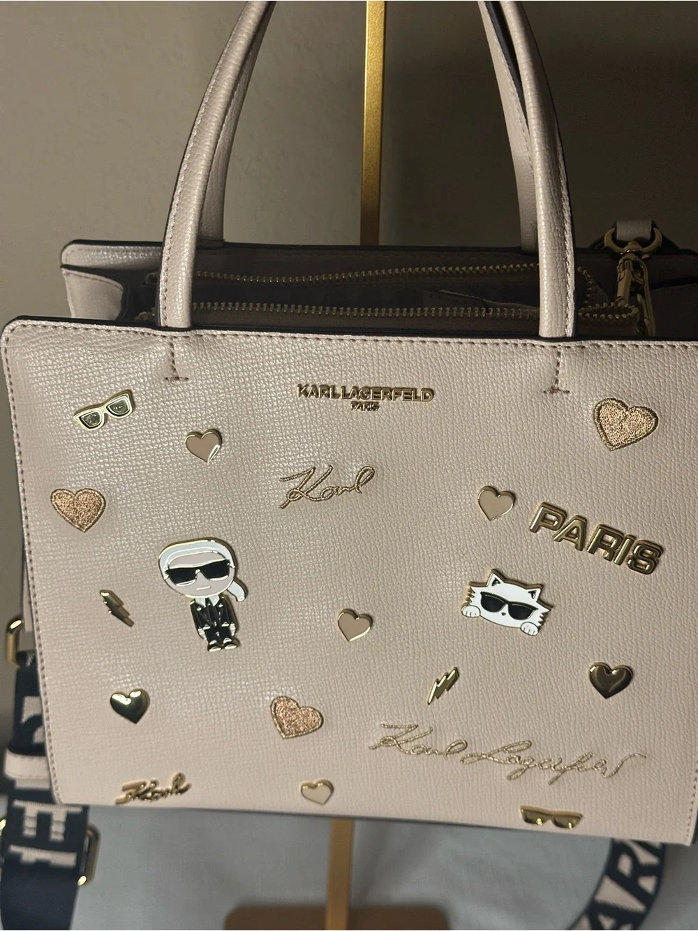 Karl Lagerfeld Beige Satchel with Logo Strap and Gold Accents NWT